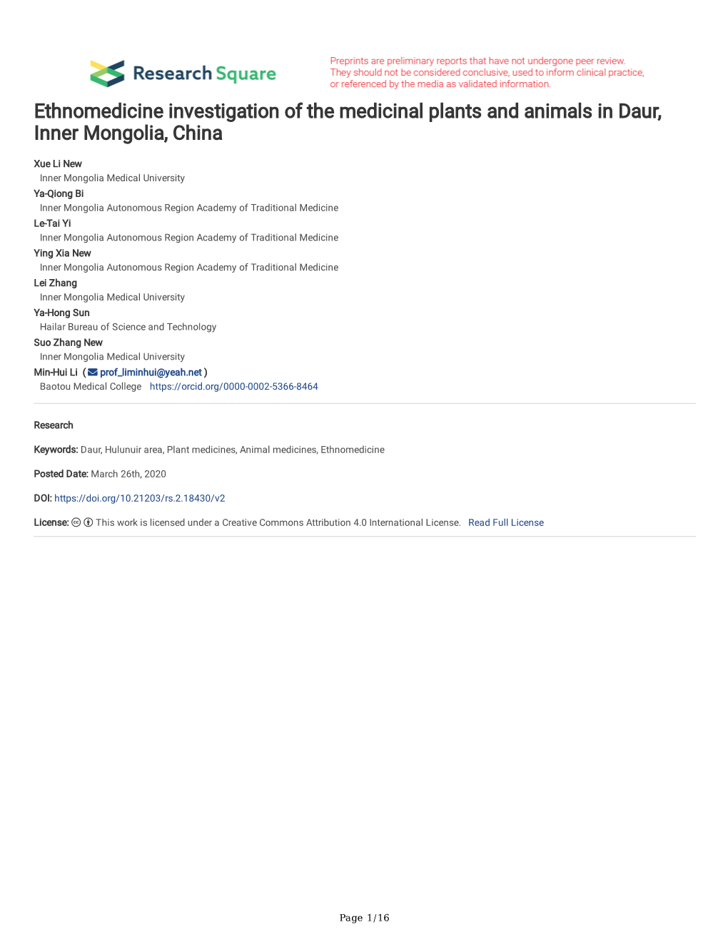 Ethnomedicine Investigation of the Medicinal Plants and Animals in Daur, Inner Mongolia, China