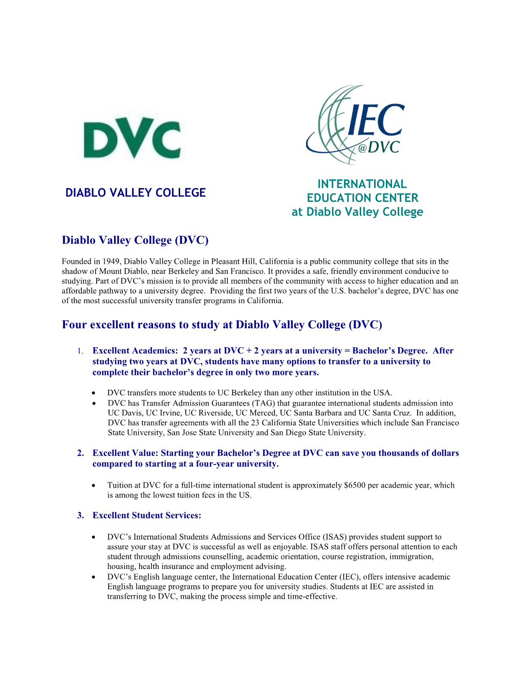 Diablo Valley College (DVC) Four Excellent Reasons to Study at Diablo