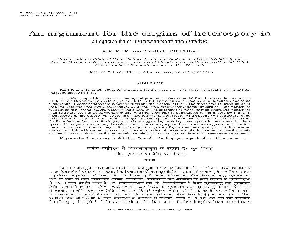 An Argument for the Origins Ofheterospory in Aquatic