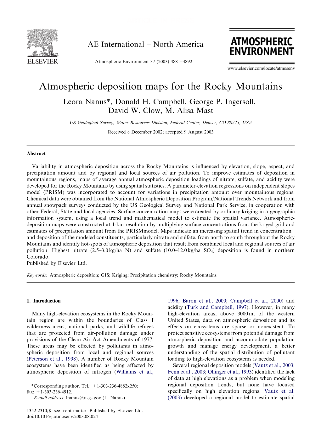 Atmospheric Deposition Maps for the Rocky Mountains Leora Nanus*, Donald H