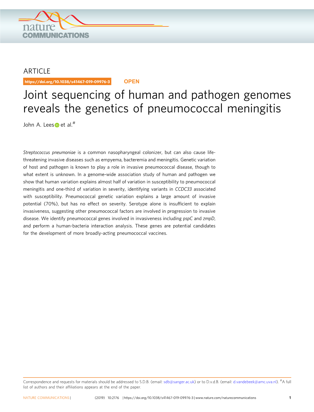 Joint Sequencing of Human and Pathogen Genomes Reveals the Genetics of Pneumococcal Meningitis