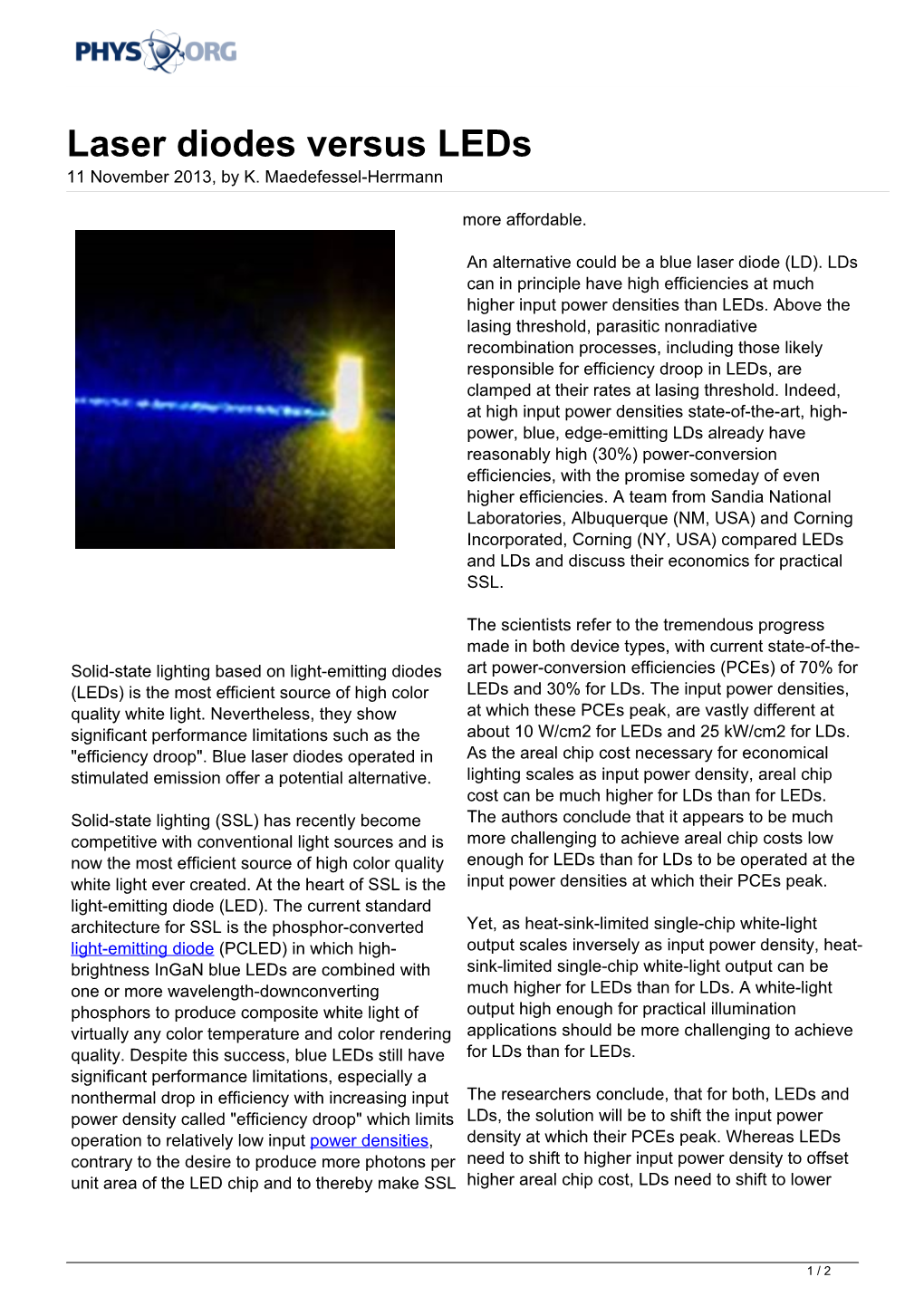 Laser Diodes Versus Leds 11 November 2013, by K