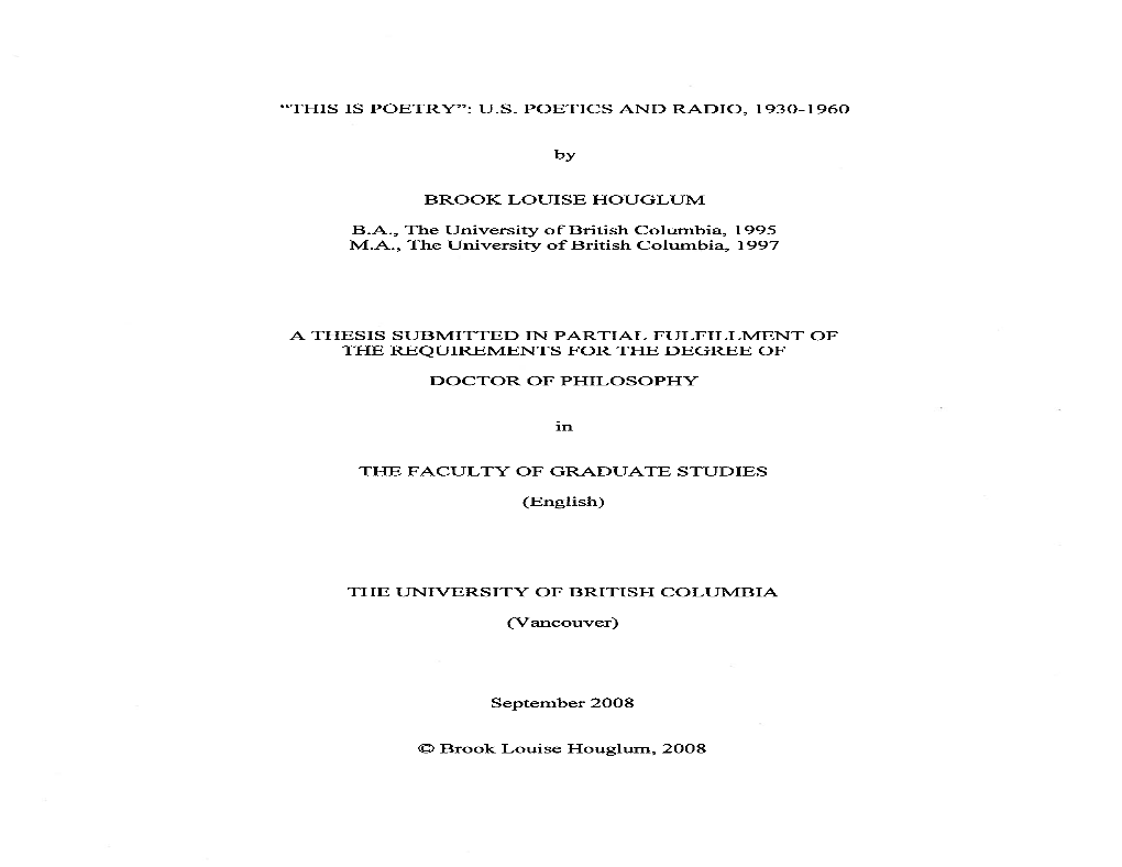 “THIS IS POETRY”: U.S. POETICS and RADIO, 1930-1960 by BROOK