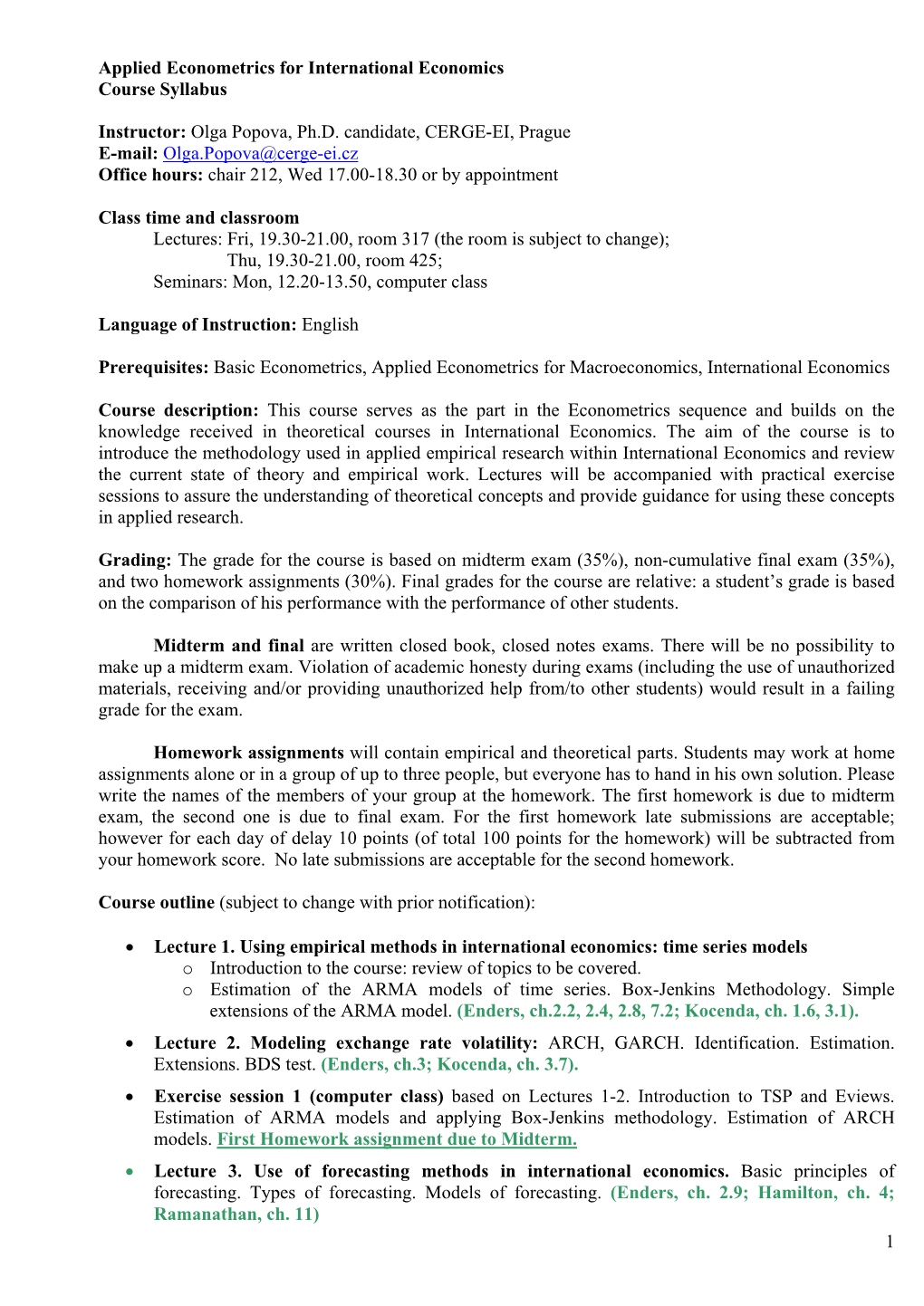 Applied Econometrics for International Economics Course Syllabus