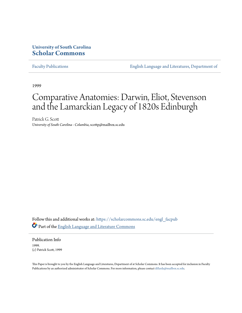 Darwin, Eliot, Stevenson and the Lamarckian Legacy of 1820S Edinburgh Patrick G