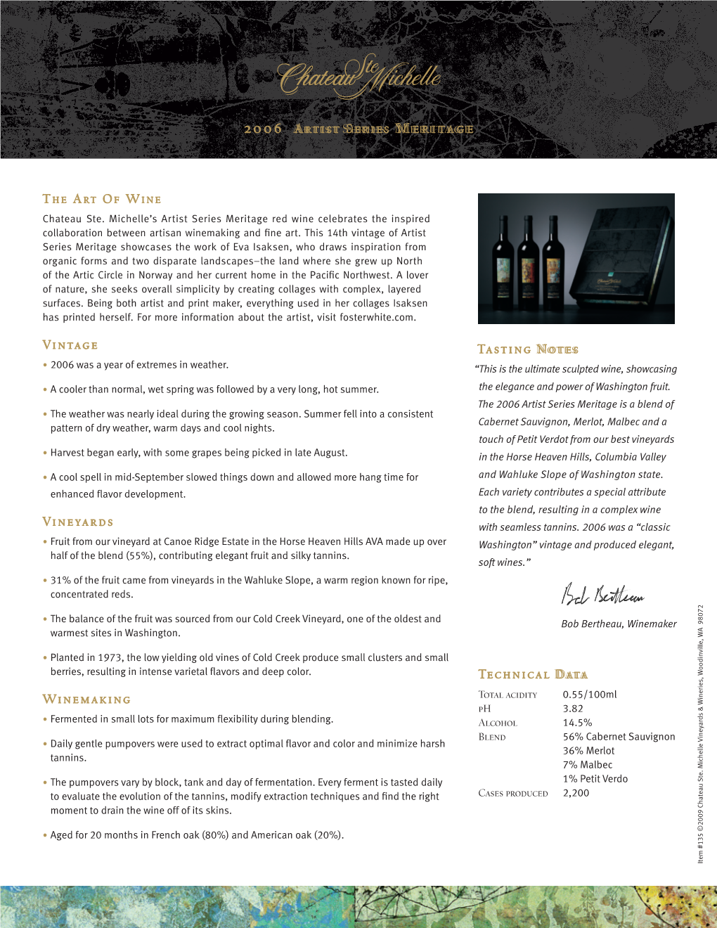 2006 Artist Series Meritage Vintage Vineyards Winemaking Tasting Notes Technical Data