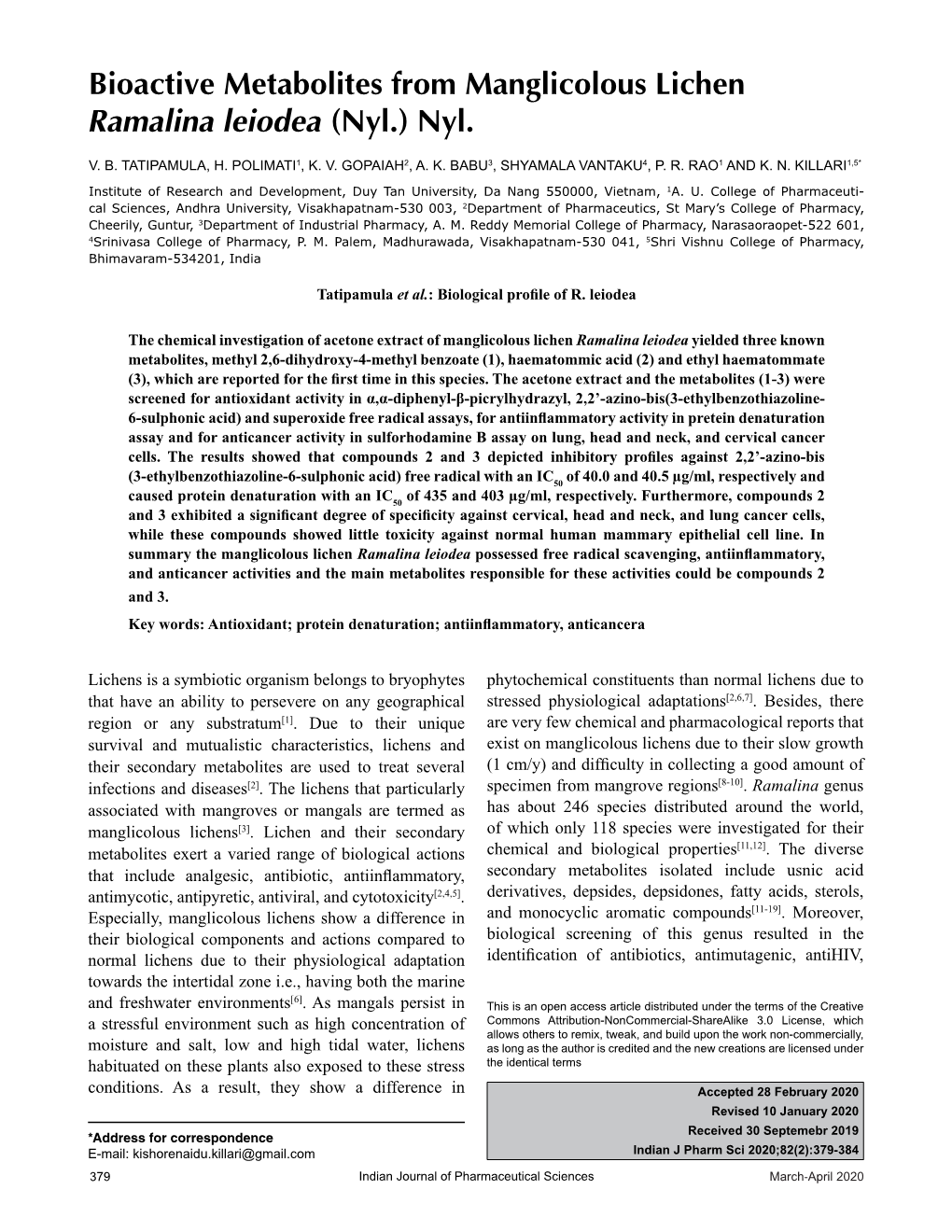 Bioactive Metabolites from Manglicolous Lichen Ramalina Leiodea (Nyl.) Nyl
