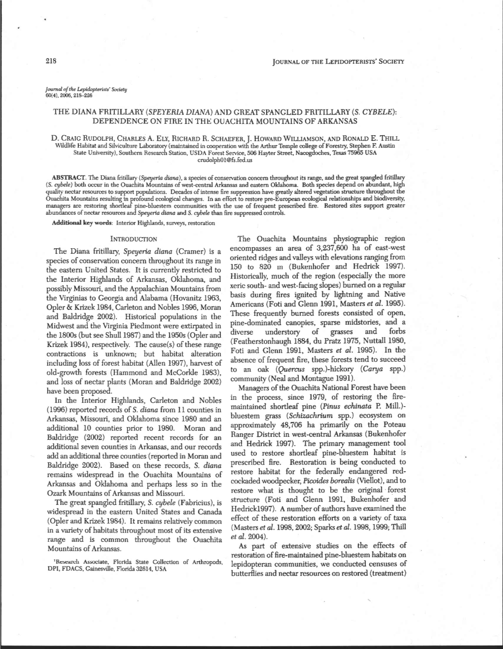 Journal the Diana Fritillary (Speyeria Diana) and Great Spangled Fritillary (S. Cybele): Dependence on Fire in the Ouachita Moun