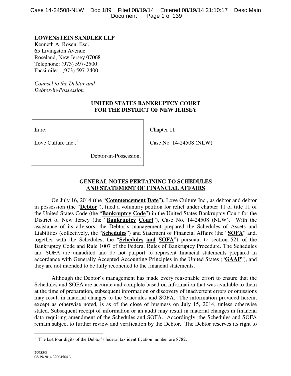 Case 14-24508-NLW Doc 189 Filed 08/19/14 Entered 08/19/14 21:10:17 Desc Main Document Page 1 of 139