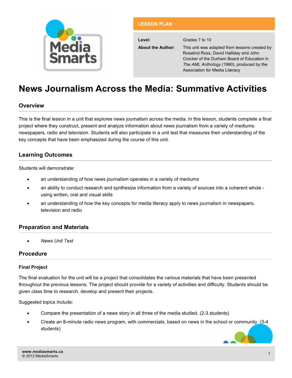 News Journalism Across the Media: Summative Activities