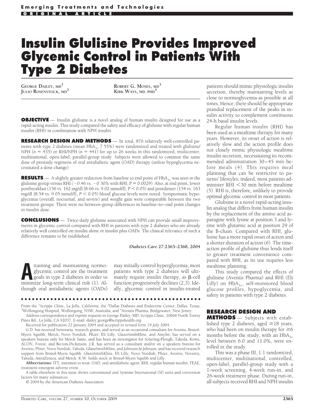 Insulin Glulisine Provides Improved Glycemic Control in Patients with Type 2 Diabetes