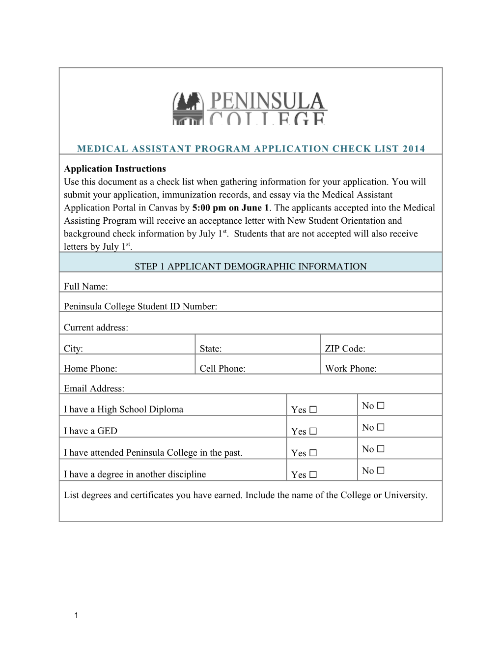 Medical Assistant Program Application CHECK LIST 2014