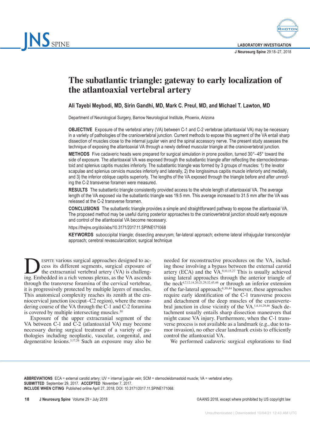 The Subatlantic Triangle: Gateway to Early Localization of the Atlantoaxial Vertebral Artery