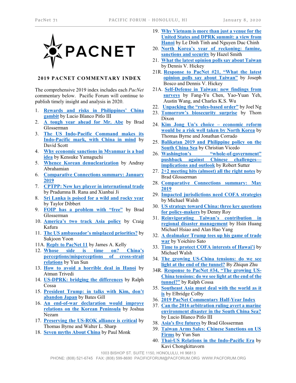 2019 PACNET COMMENTARY INDEX the Comprehensive 2019