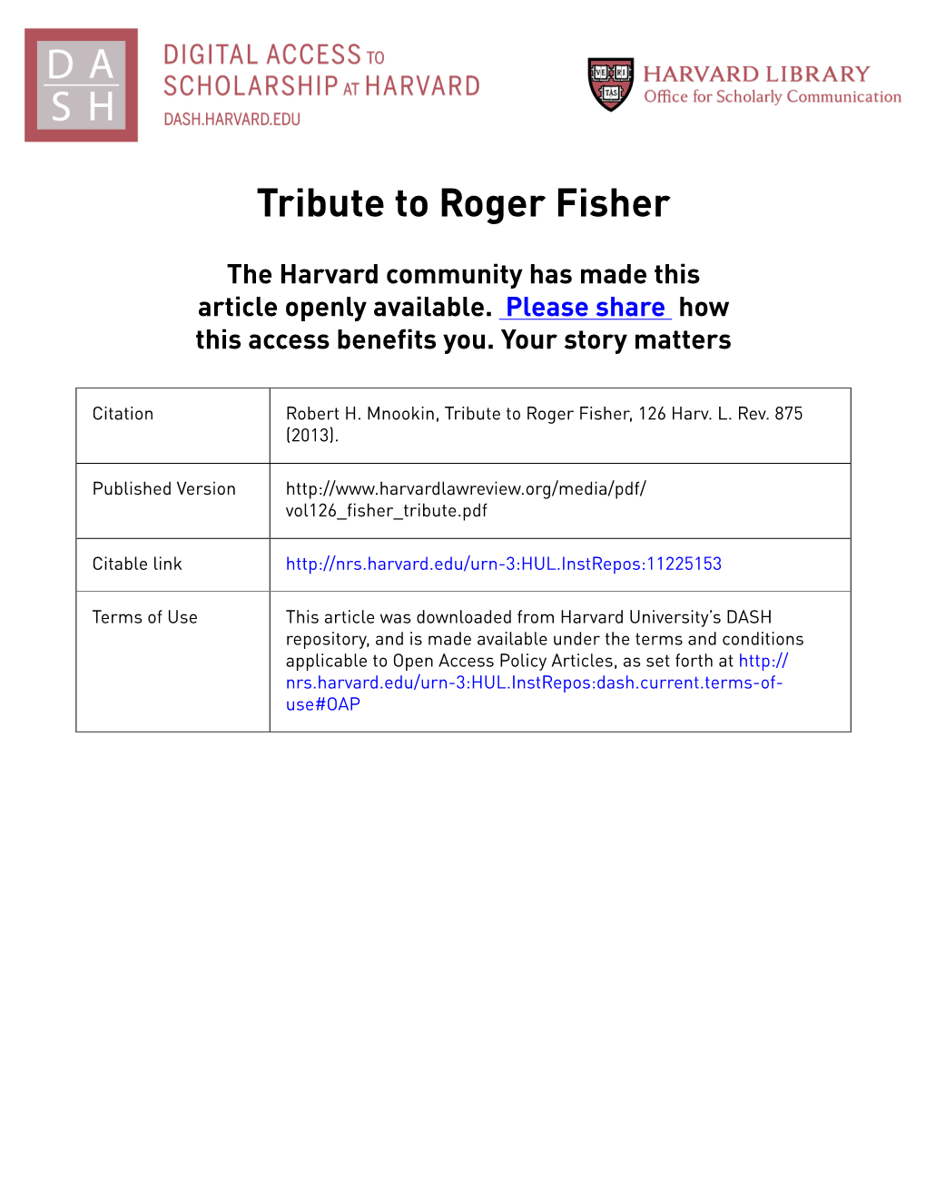 Tribute to Roger Fisher