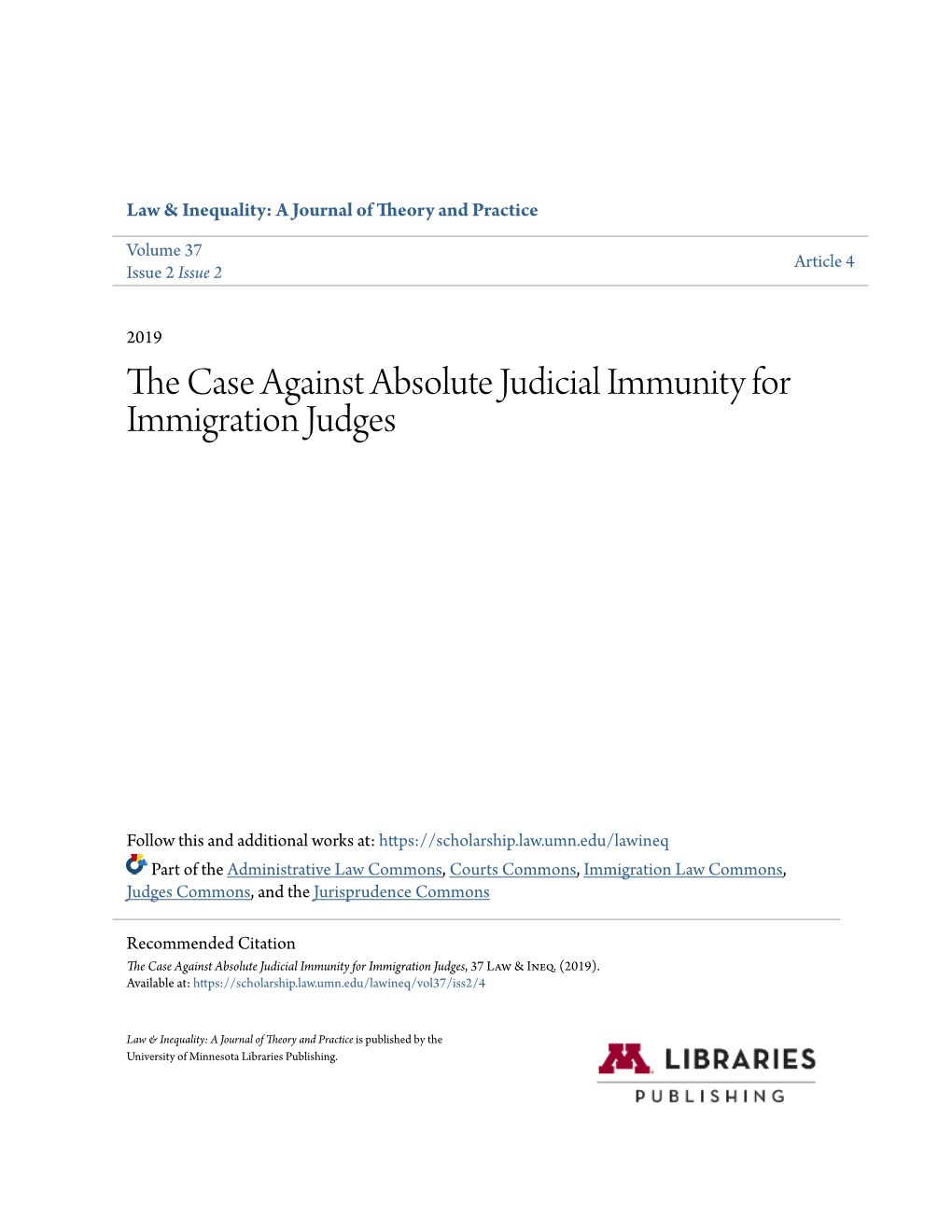 The Case Against Absolute Judicial Immunity for Immigration Judges, 37 Law & Ineq