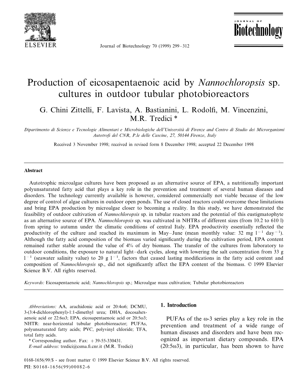 Production of Eicosapentaenoic Acid by Nannochloropsis Sp. Cultures in Outdoor Tubular Photobioreactors