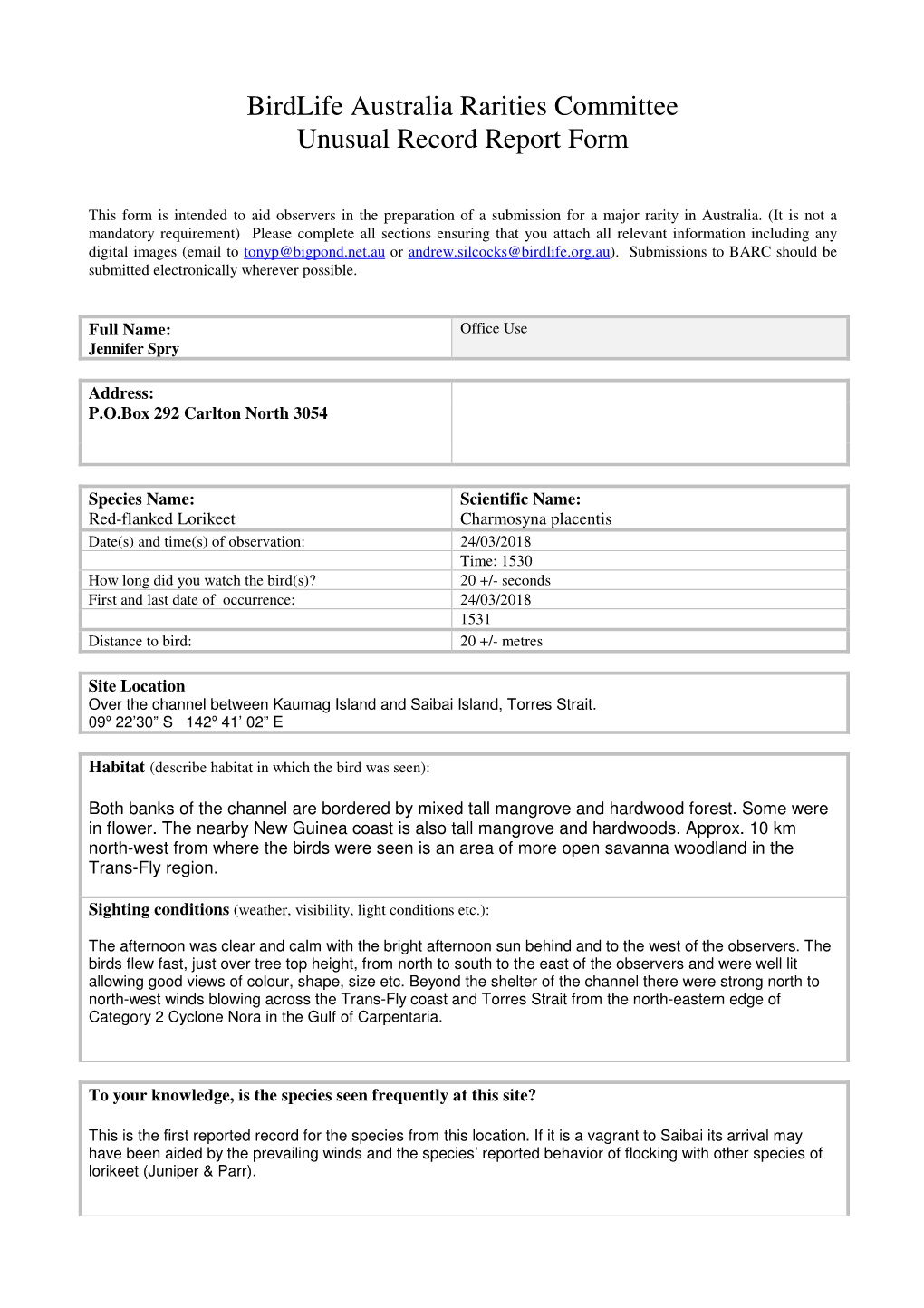 Birdlife Australia Rarities Committee Unusual Record Report Form