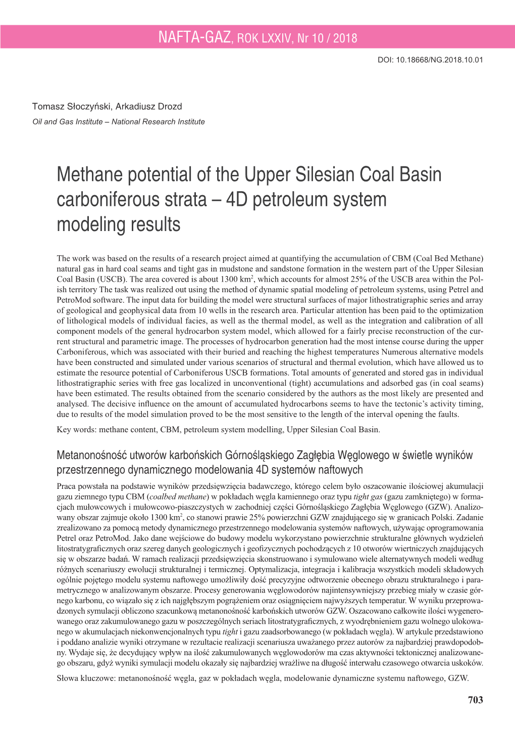 Methane Potential of the Upper Silesian Coal Basin Carboniferous Strata – 4D Petroleum System Modeling Results