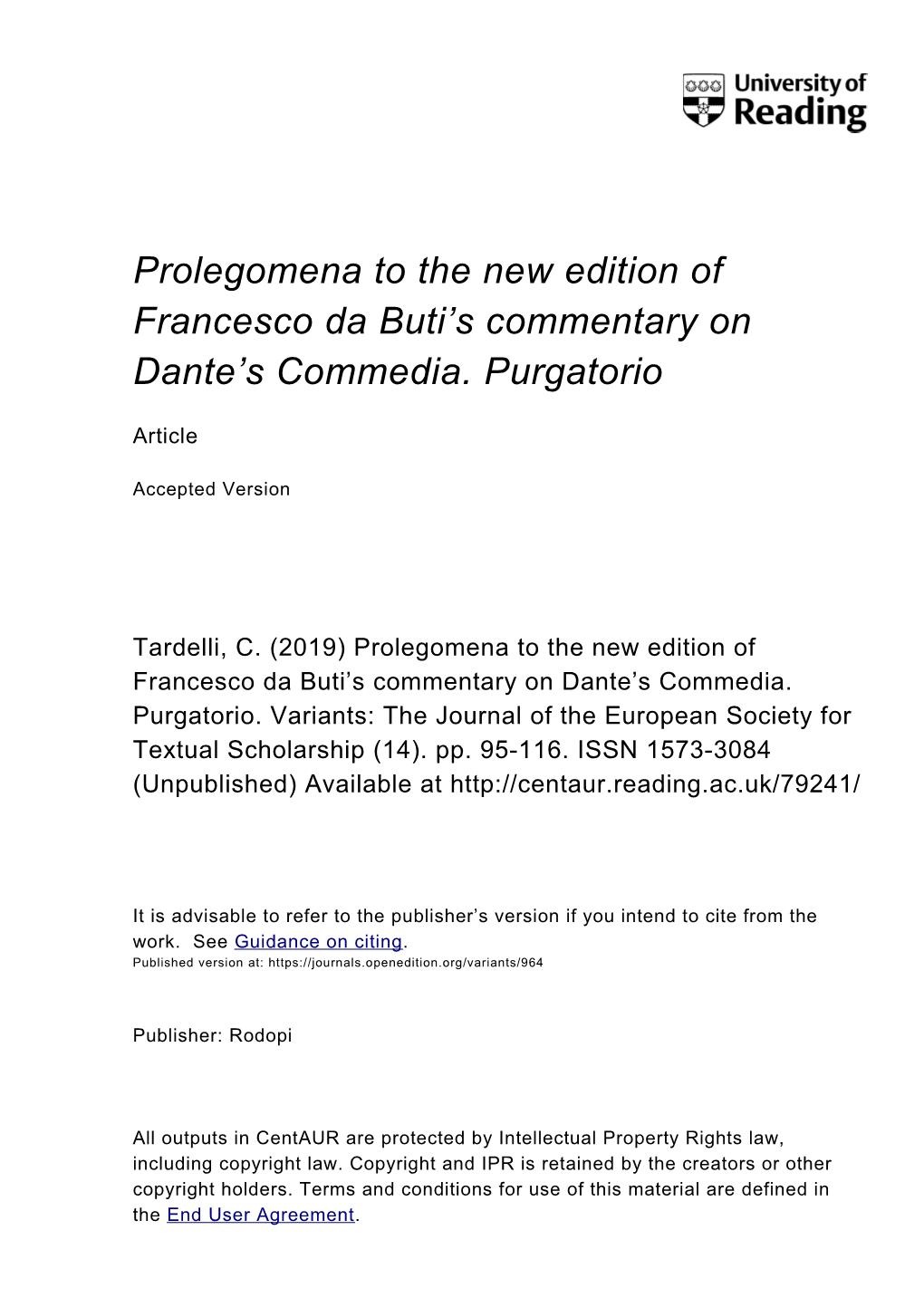 Prolegomena to the New Edition of Francesco Da Buti's Commentary On