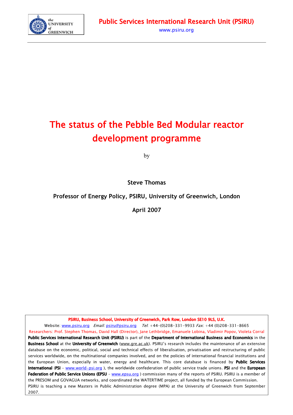 The Status of the Pebble Bed Modular Reactor Development Programme
