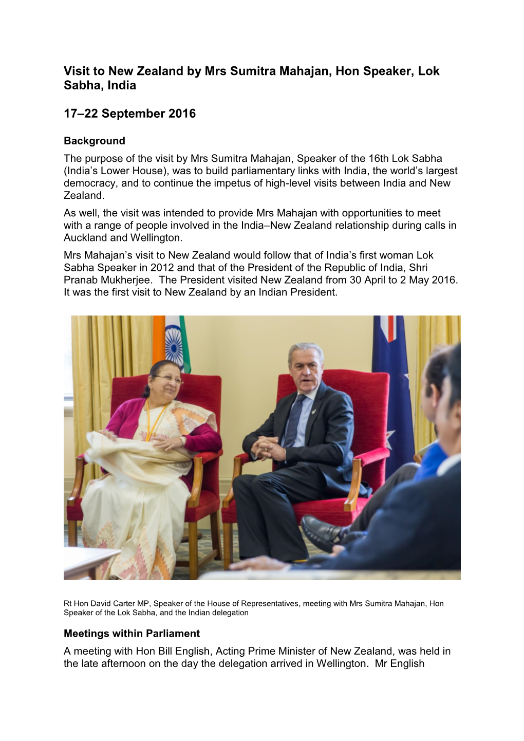Visit to New Zealand by Mrs Sumitra Mahajan, Hon Speaker, Lok Sabha, India