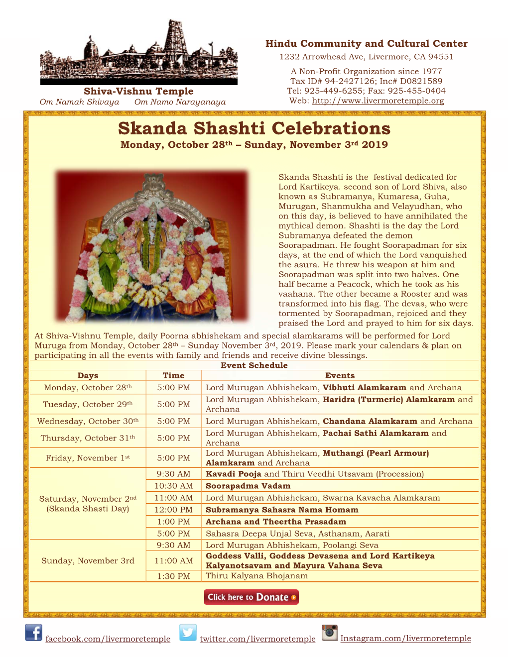 Skanda Shashti Celebrations Monday, October 28Th – Sunday, November 3Rd 2019