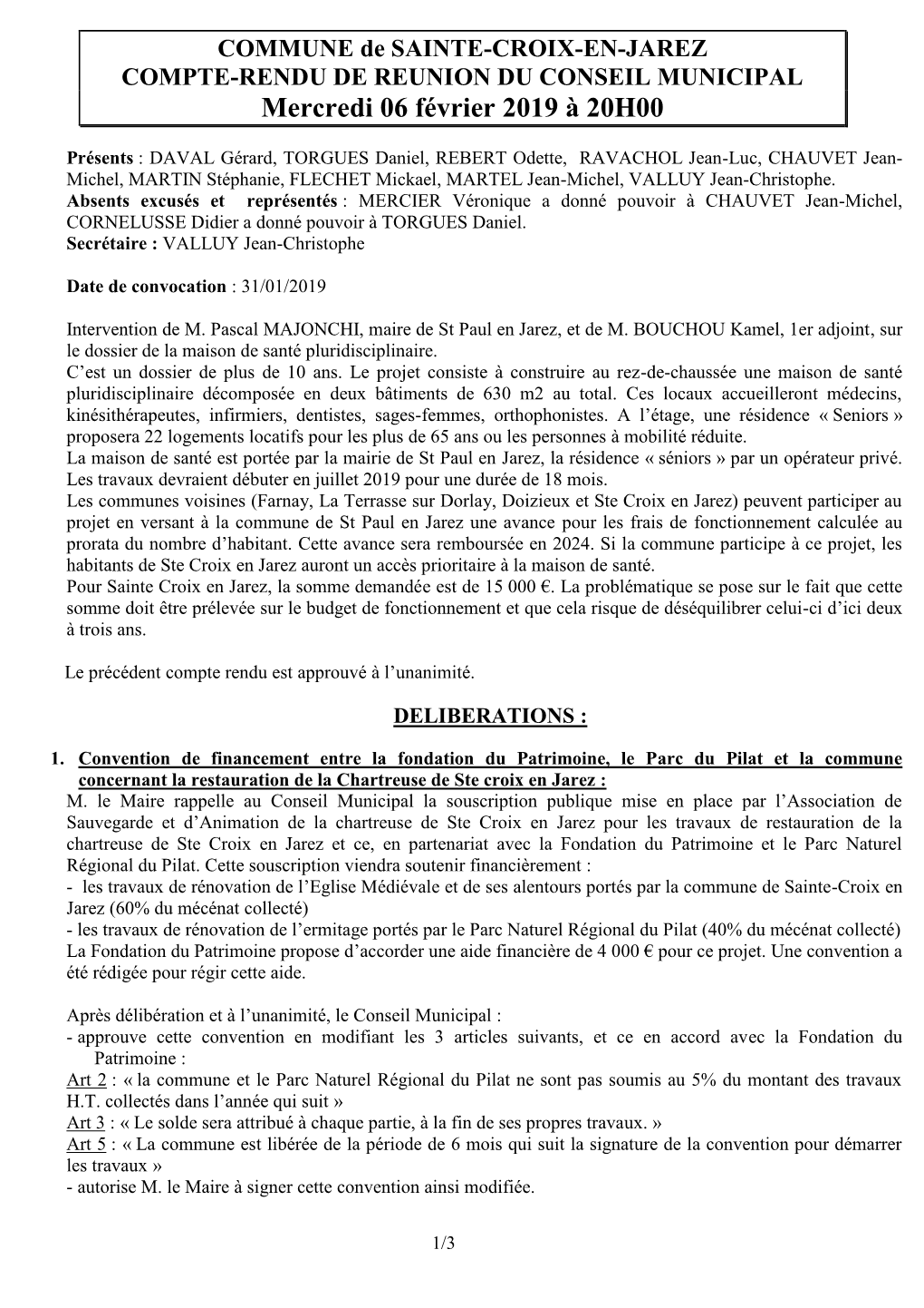 COMPTE-RENDU DE REUNION DU CONSEIL MUNICIPAL Mercredi 06 Février 2019 À 20H00