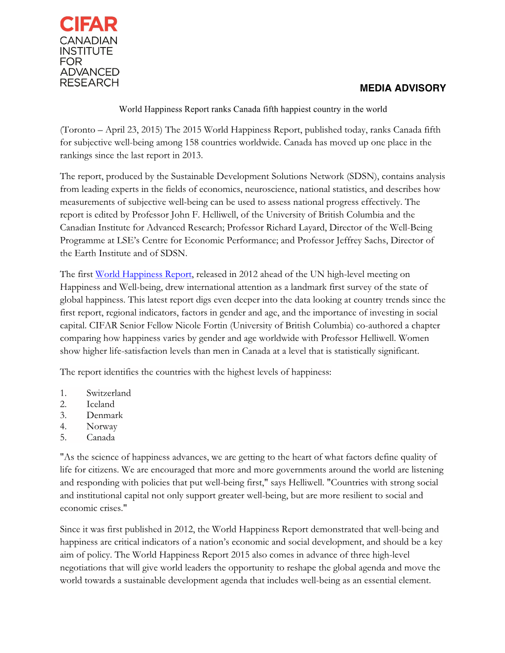 The 2015 World Happiness Report, Published Today, Ranks Canada Fifth for Subjective Well-Being Among 158 Countries Worldwide