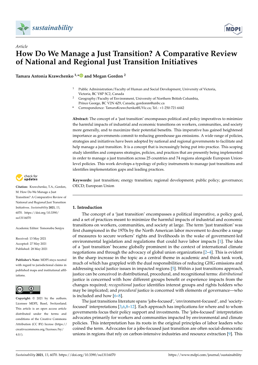 How Do We Manage a Just Transition? a Comparative Review of National and Regional Just Transition Initiatives