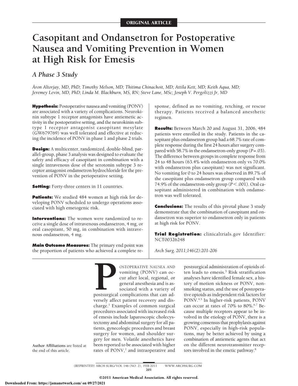 Casopitant and Ondansetron for Postoperative Nausea and Vomiting Prevention in Women at High Risk for Emesis a Phase 3 Study