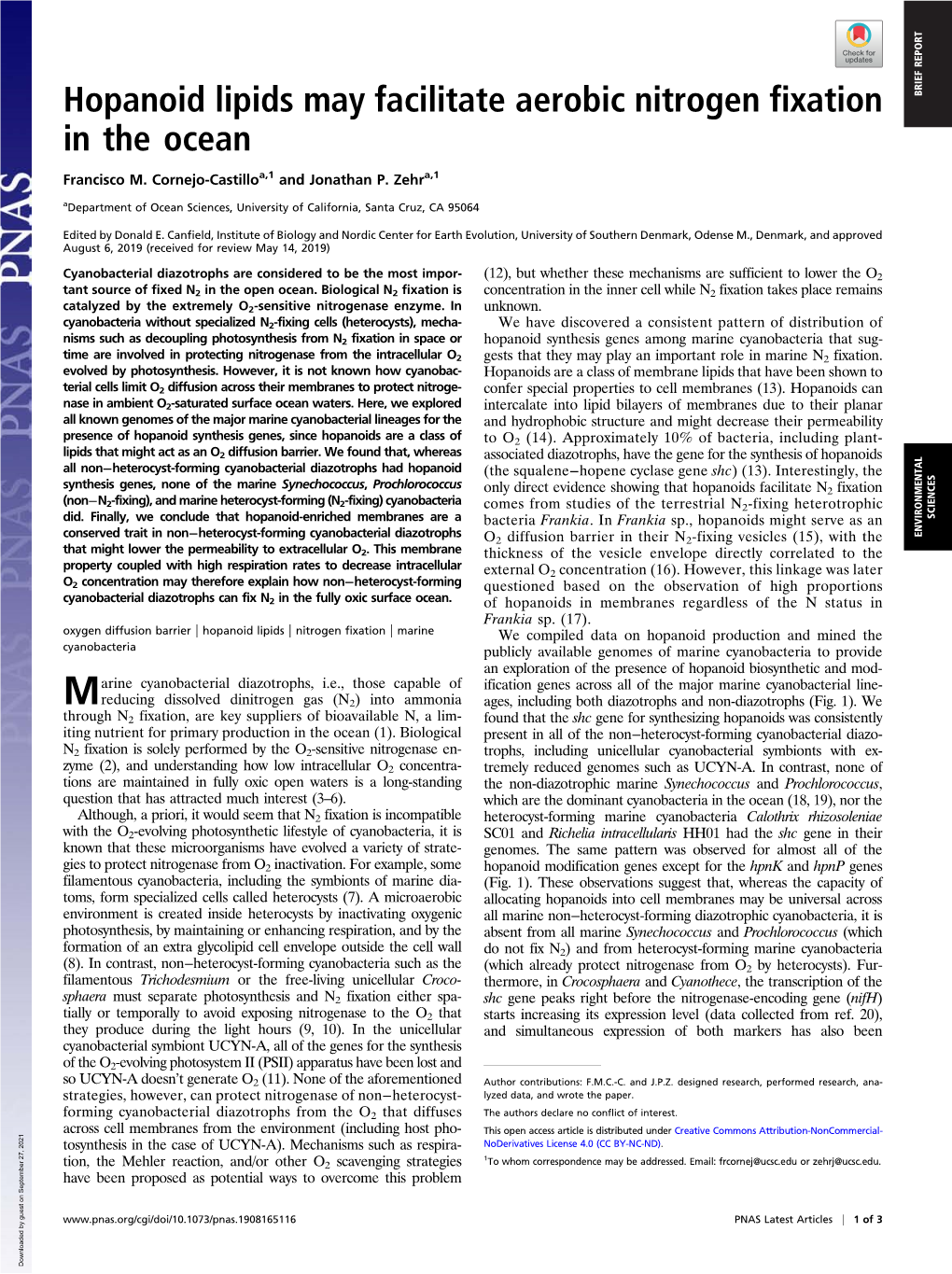 Hopanoid Lipids May Facilitate Aerobic Nitrogen Fixation in the Ocean