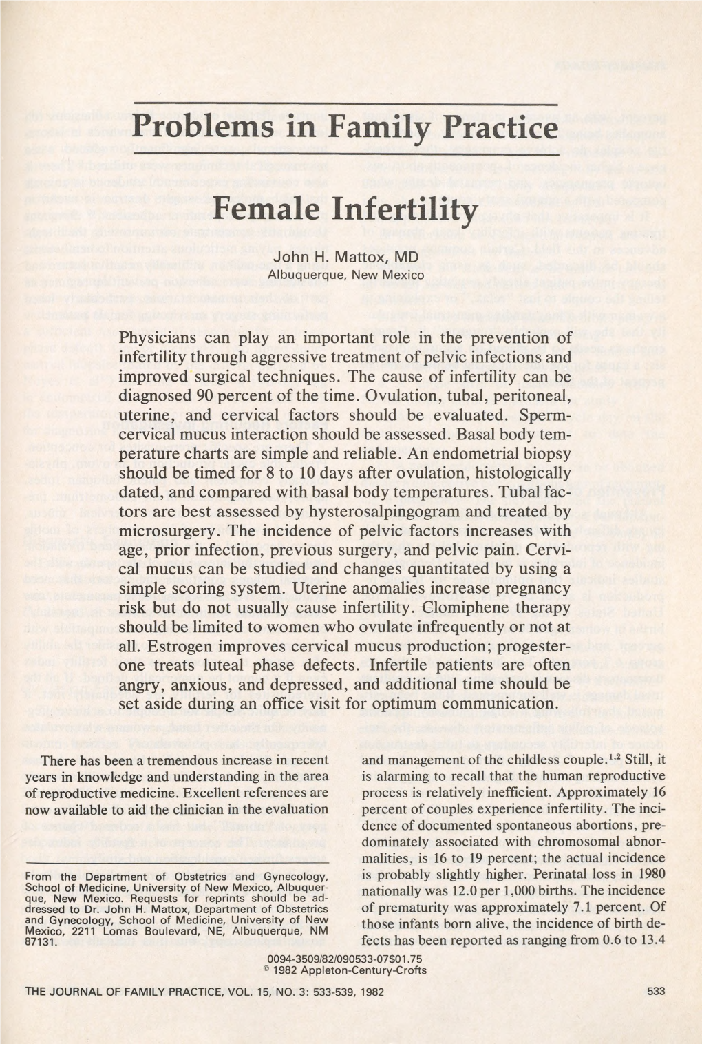 Problems in Family Practice Female Infertility