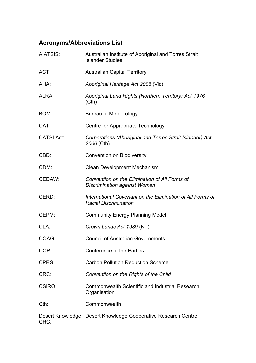 Acronyms/Abbreviations List