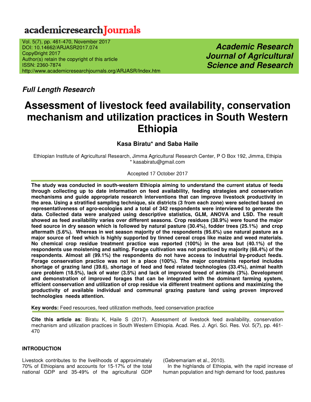 Assessment of Livestock Feed Availability, Conservation Mechanism and Utilization Practices in South Western Ethiopia