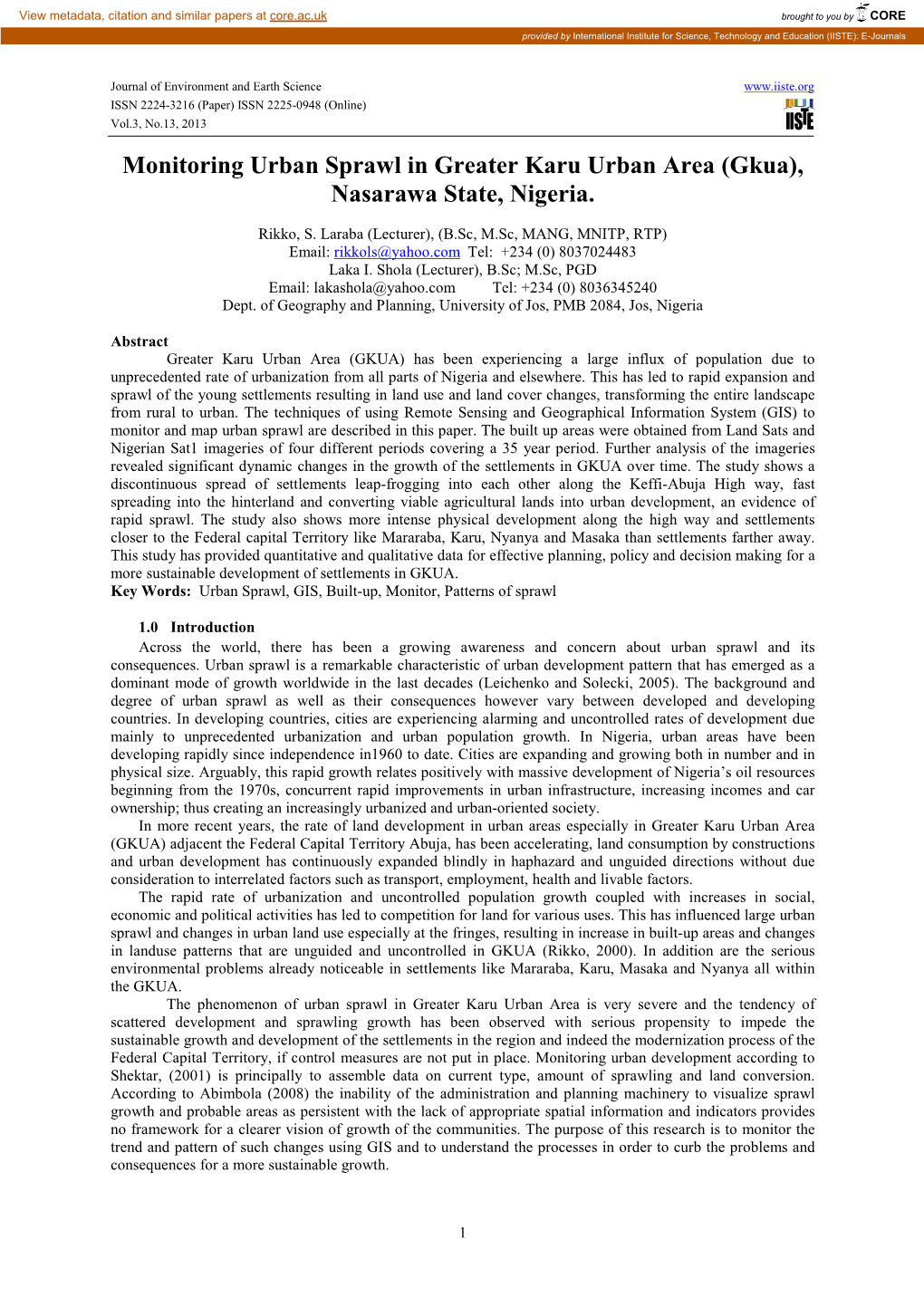 Monitoring Urban Sprawl in Greater Karu Urban Area (Gkua), Nasarawa State, Nigeria