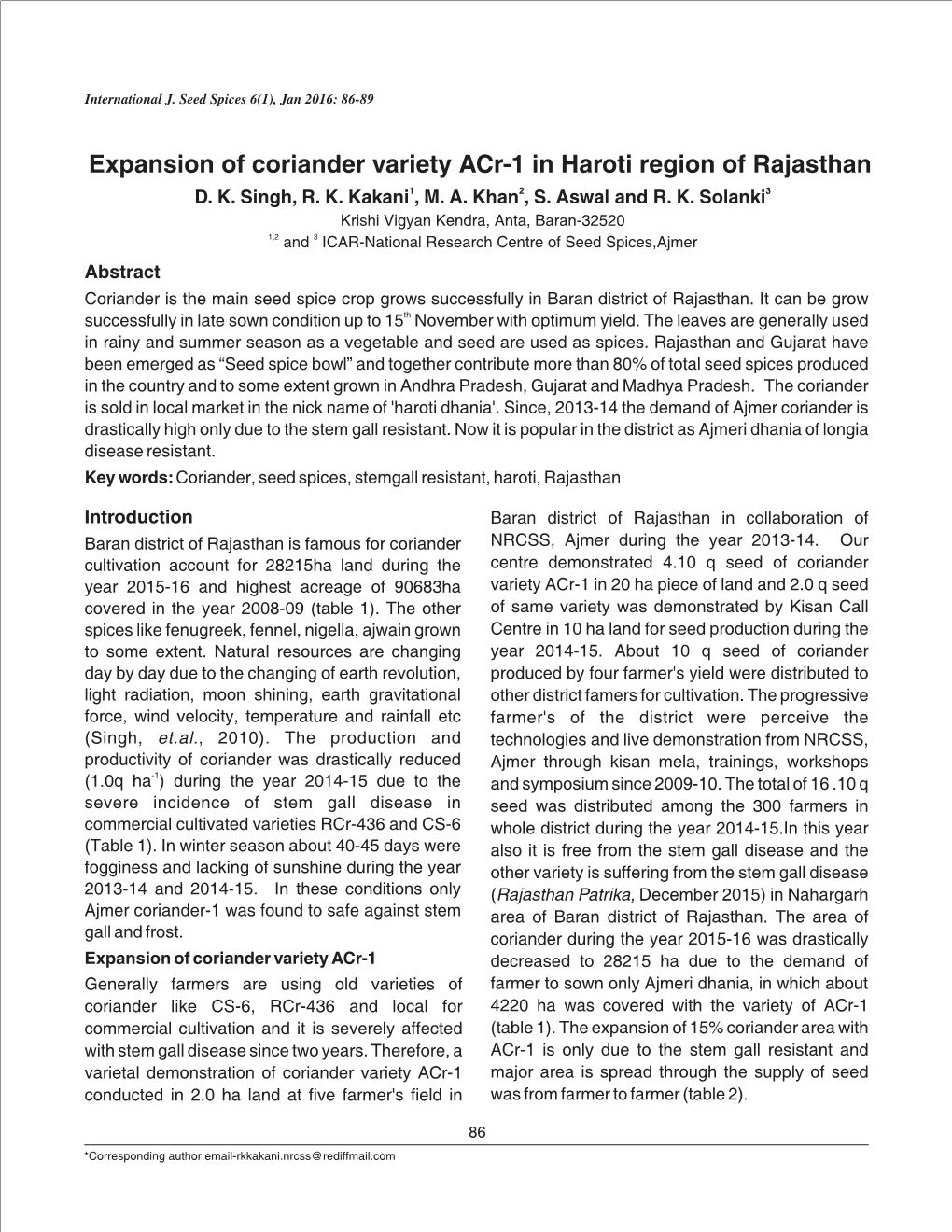 Expansion of Coriander Variety Acr-1 in Haroti Region of Rajasthan D