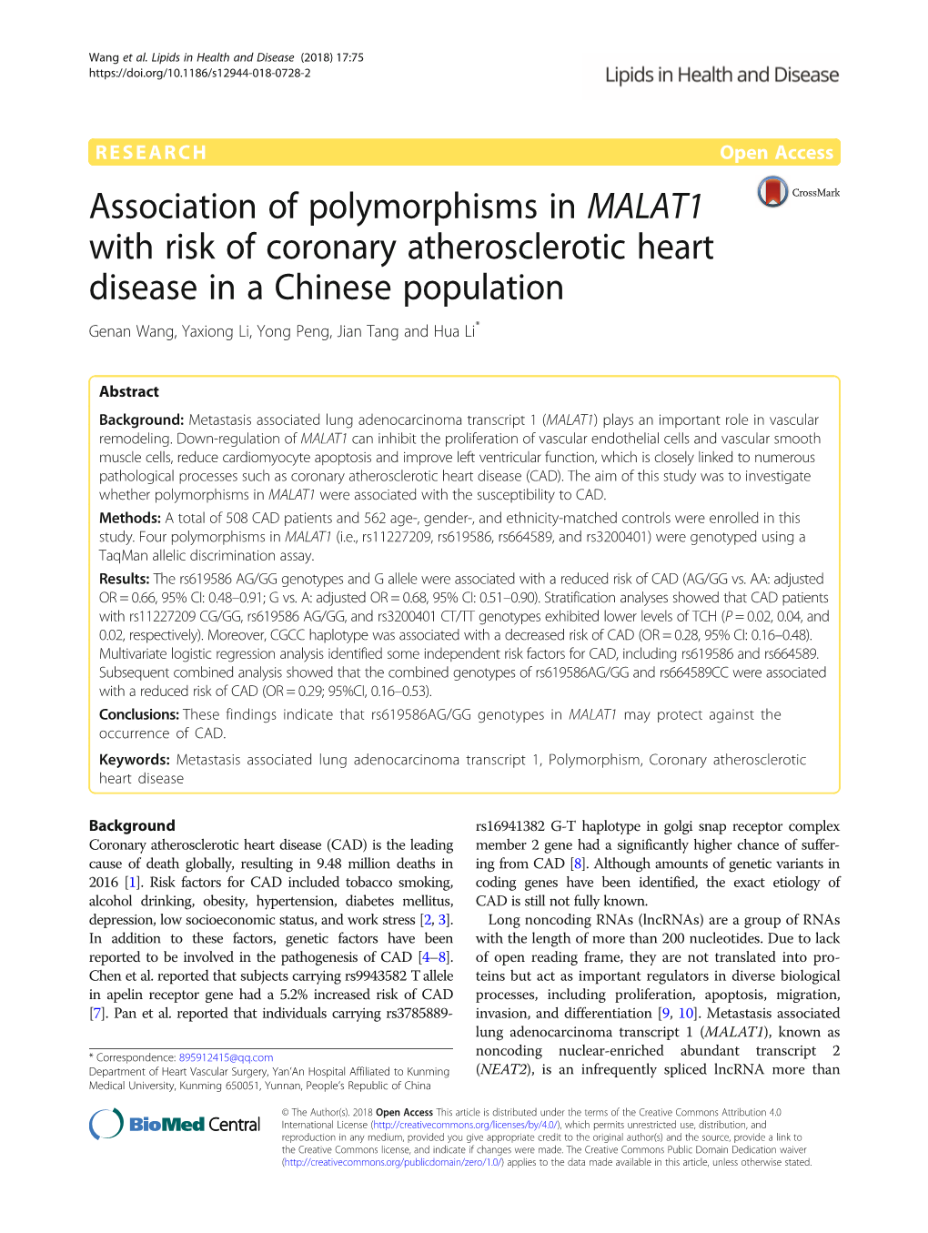 Association of Polymorphisms in MALAT1 with Risk of Coronary