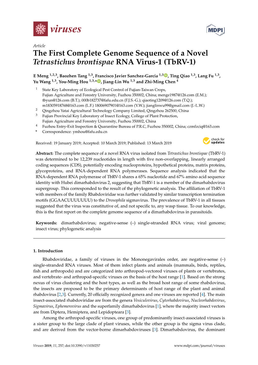 The First Complete Genome Sequence of a Novel Tetrastichus Brontispae RNA Virus-1 (Tbrv-1)