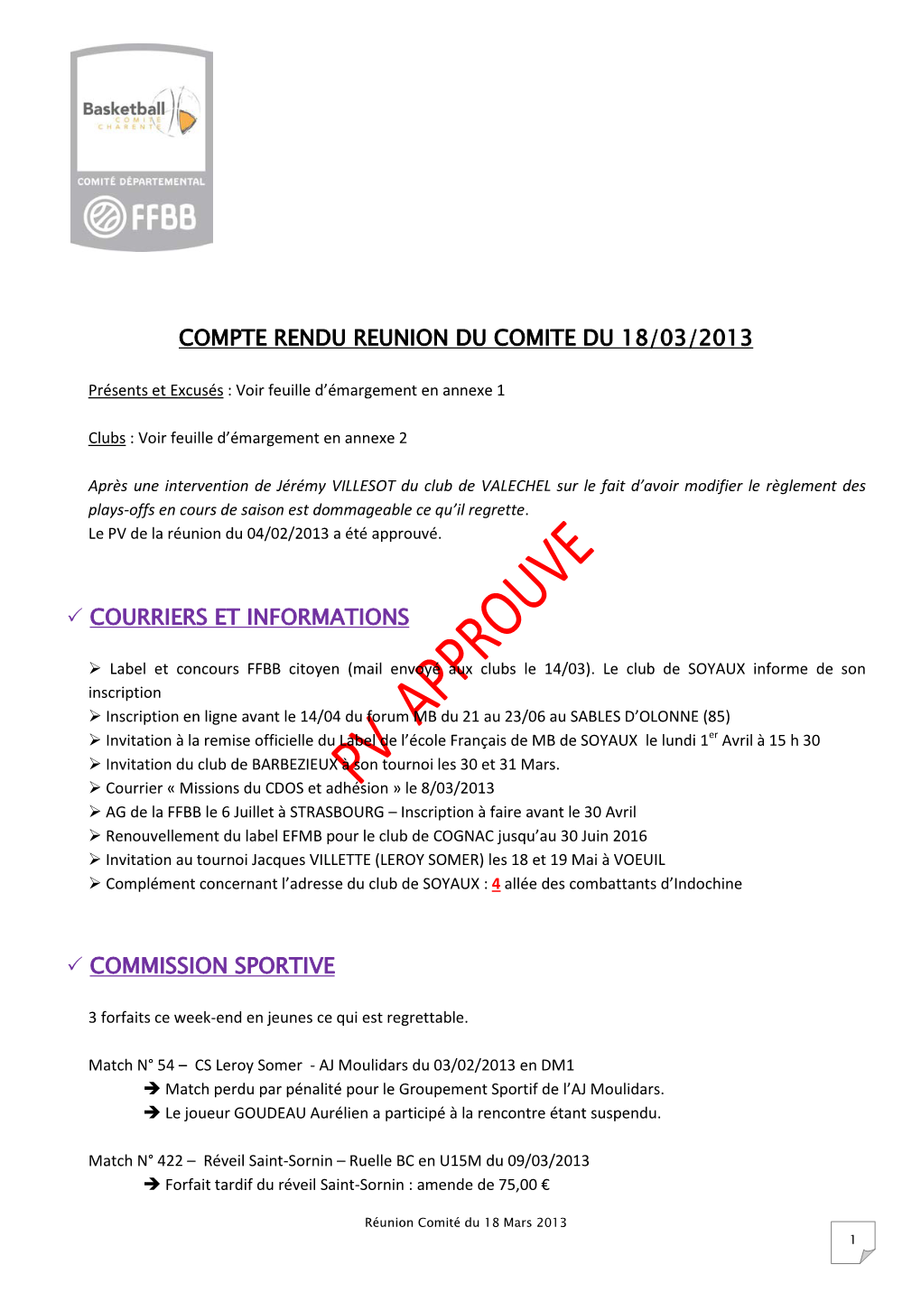 Compte Rendu Reunion Du Comite Du 18/03/2013 Courriers Et Informations Commission Sportive