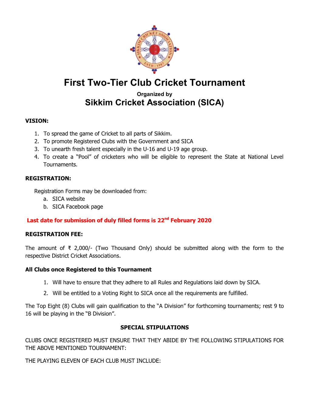 First Two-Tier Club Cricket Tournament Organized by Sikkim Cricket Association (SICA)