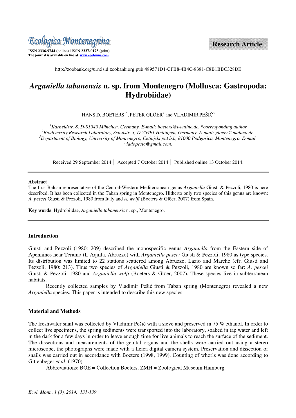 Arganiella Tabanensis N. Sp. from Montenegro (Mollusca: Gastropoda: Hydrobiidae)