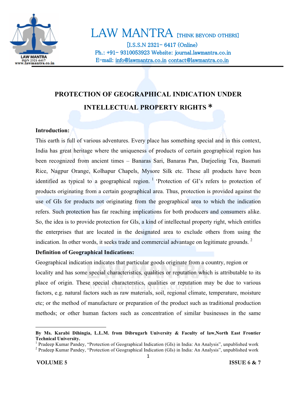 Protection of Geographical Indication Under Intellectual Property Rights By