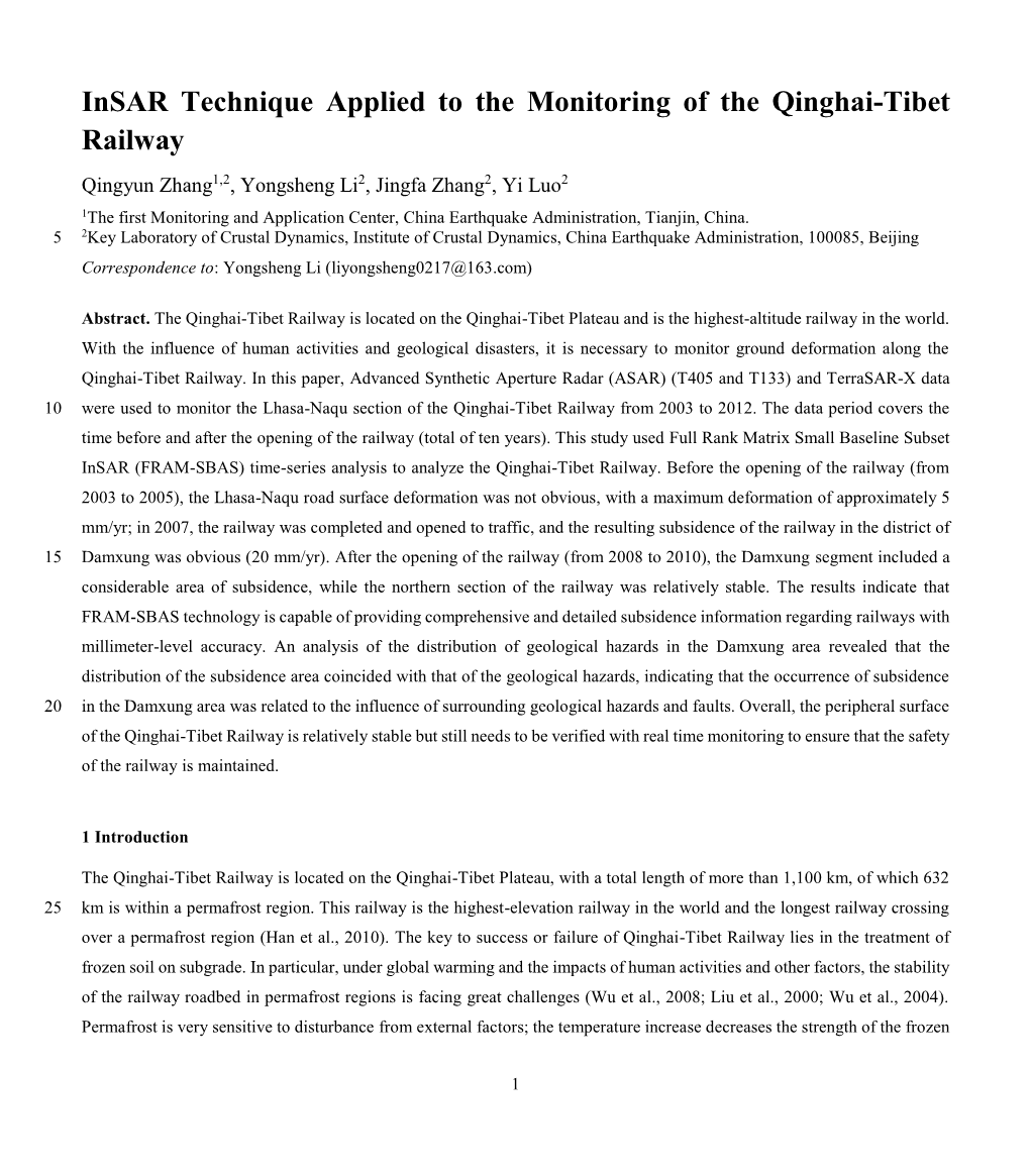 Insar Technique Applied to the Monitoring of the Qinghai-Tibet