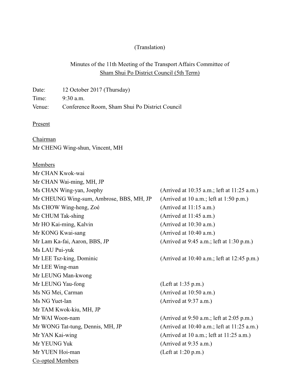 Minutes of the 11Th Meeting of the Transport Affairs Committee of Sham Shui Po District Council (5Th Term)