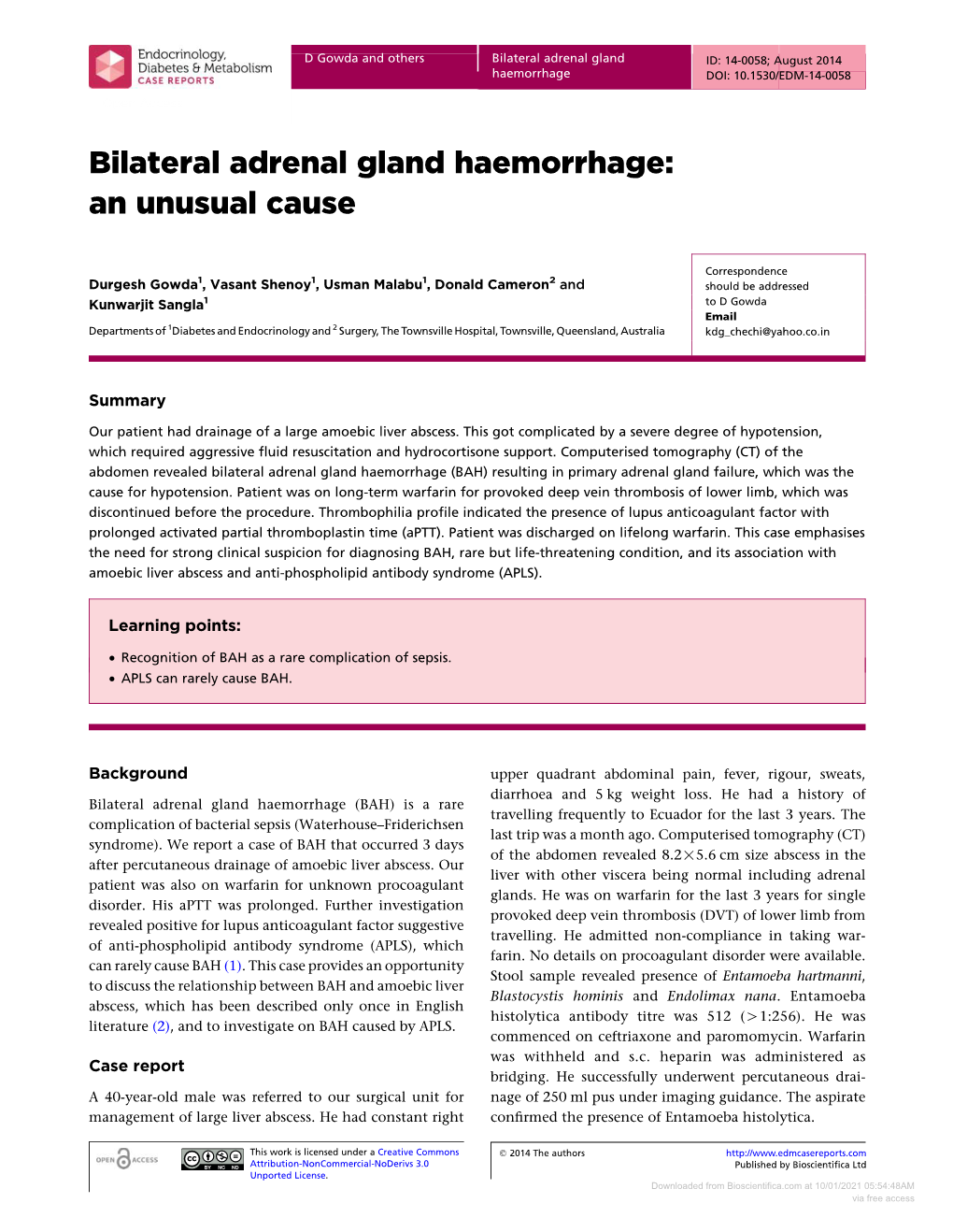 Bilateral Adrenal Gland Haemorrhage: an Unusual Cause