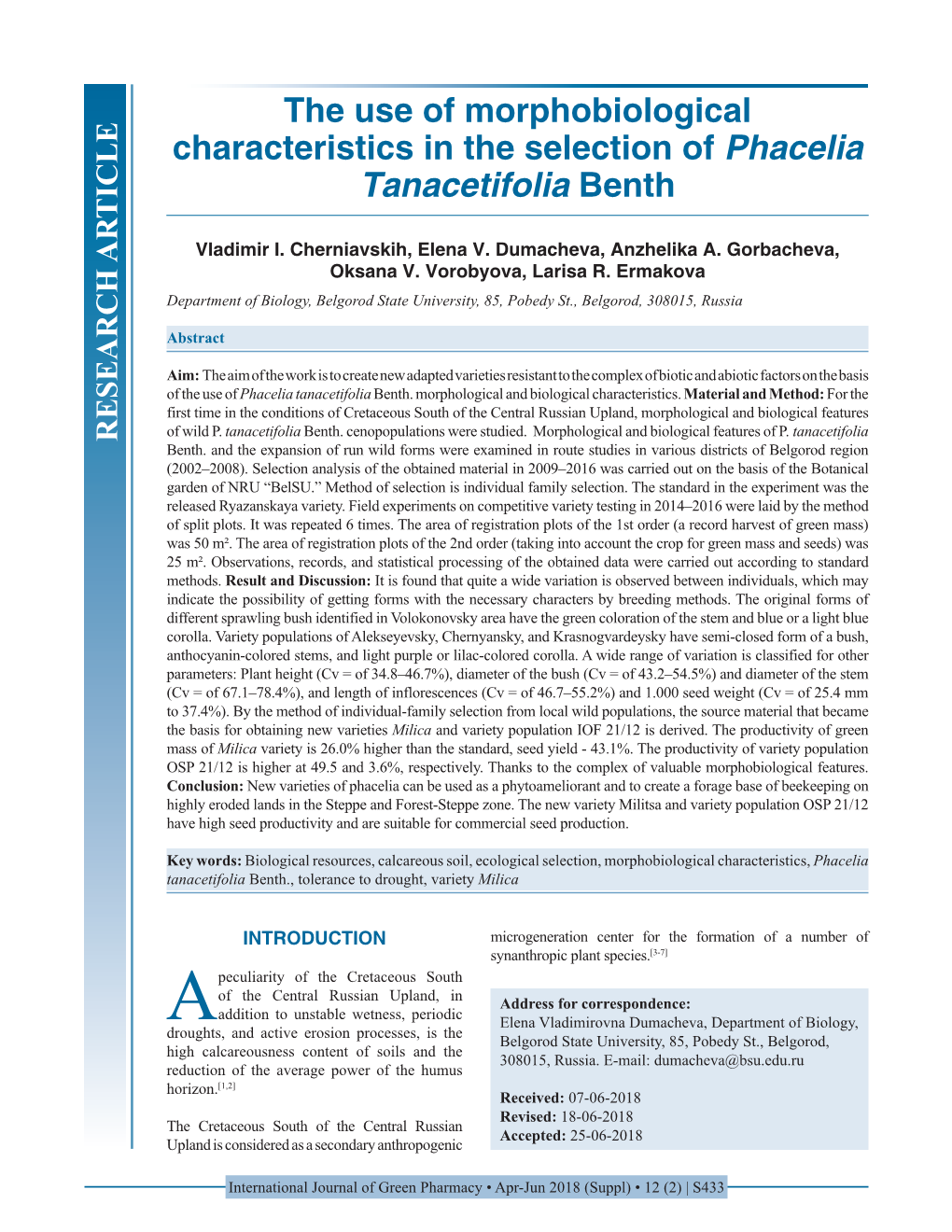 The Use of Morphobiological Characteristics in the Selection of Phacelia Tanacetifolia Benth