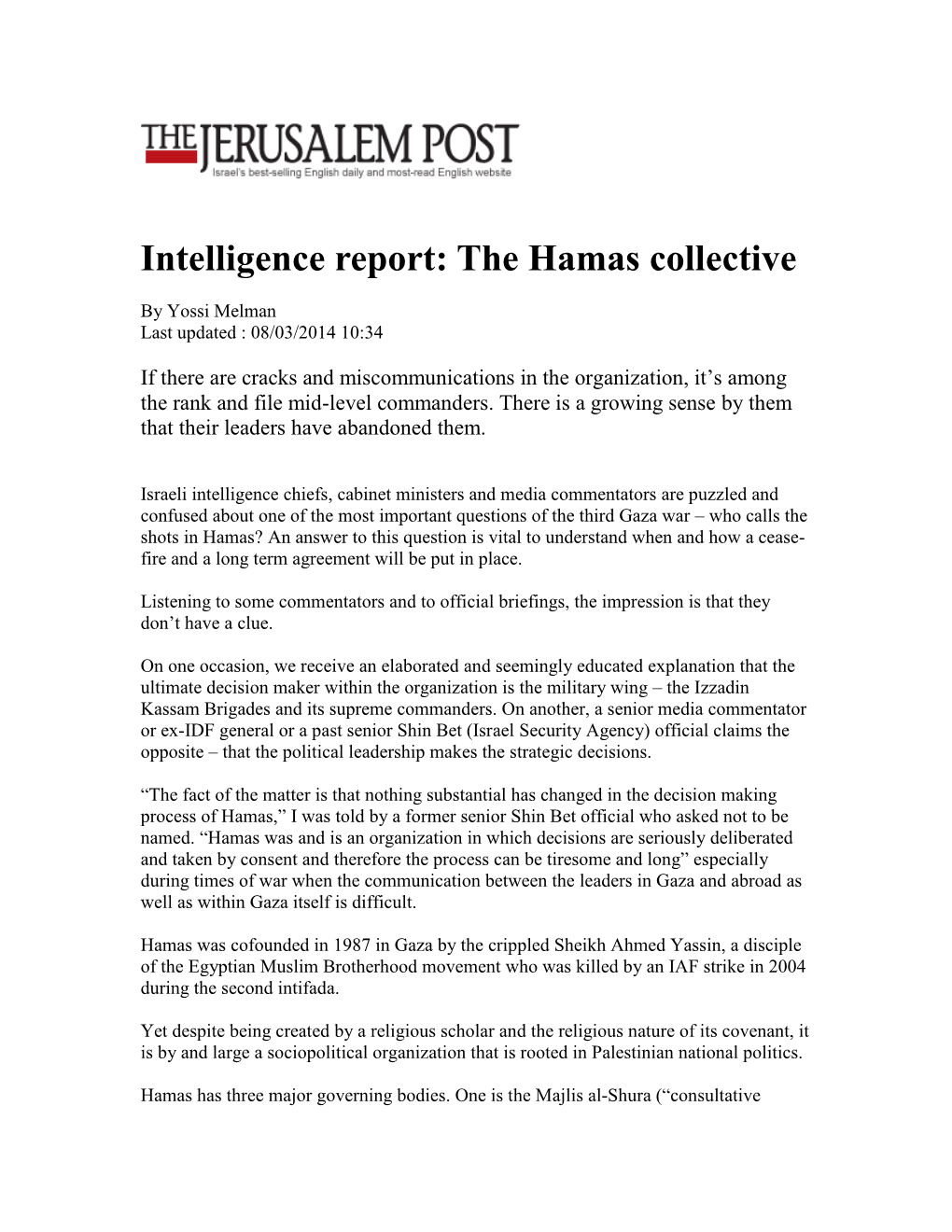 Intelligence Report: the Hamas Collective