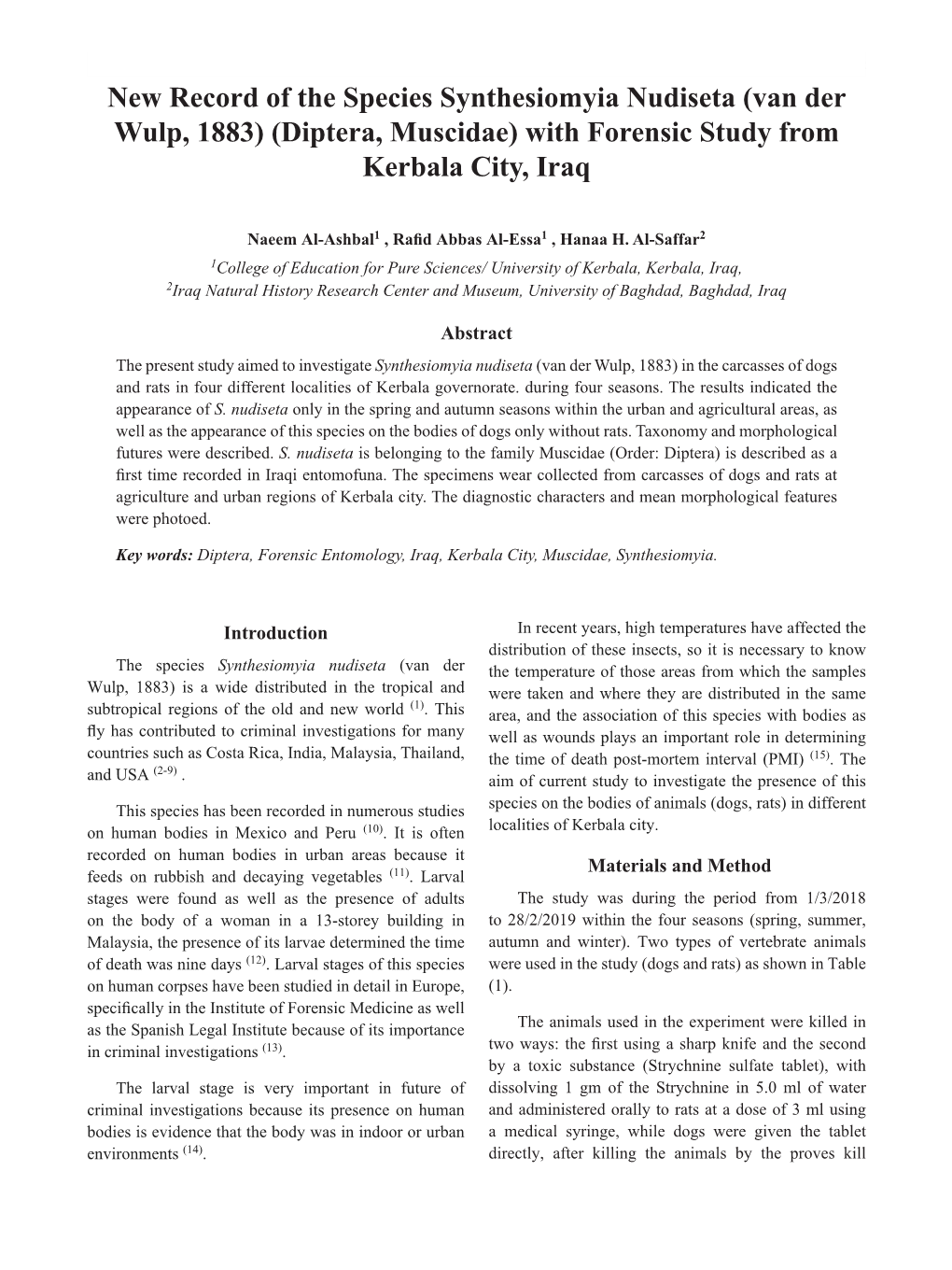 Diptera, Muscidae) with Forensic Study from Kerbala City, Iraq