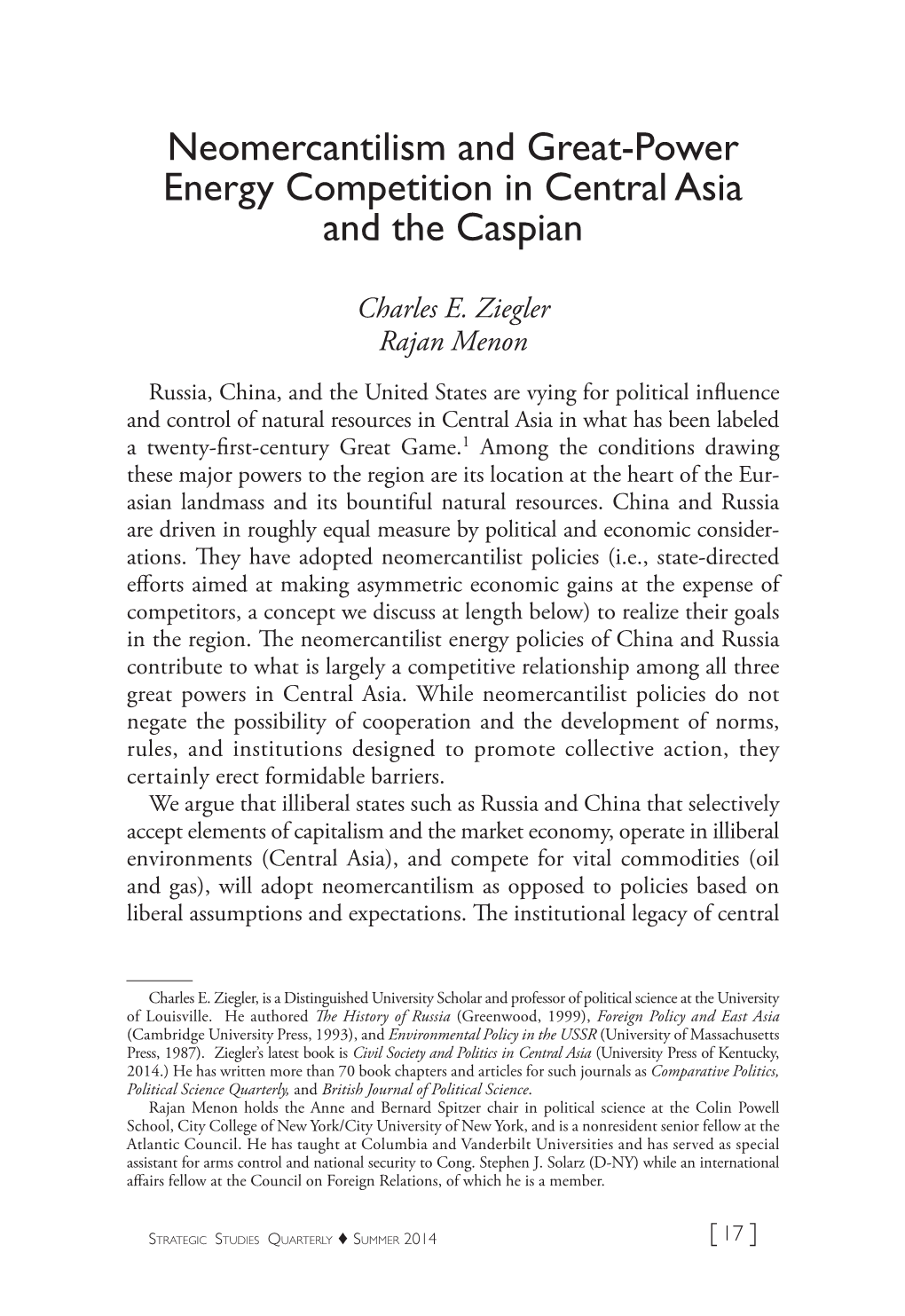 Neomercantilism and Great-Power Energy Competition in Central Asia and the Caspian